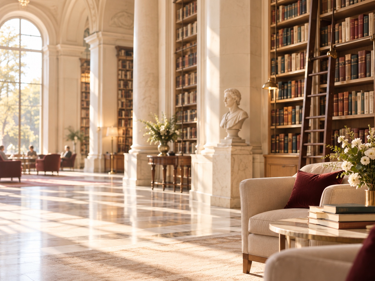 Heller, weitläufiger Bibliotheksraum mit hohen Bücherregalen und warmem Tageslicht