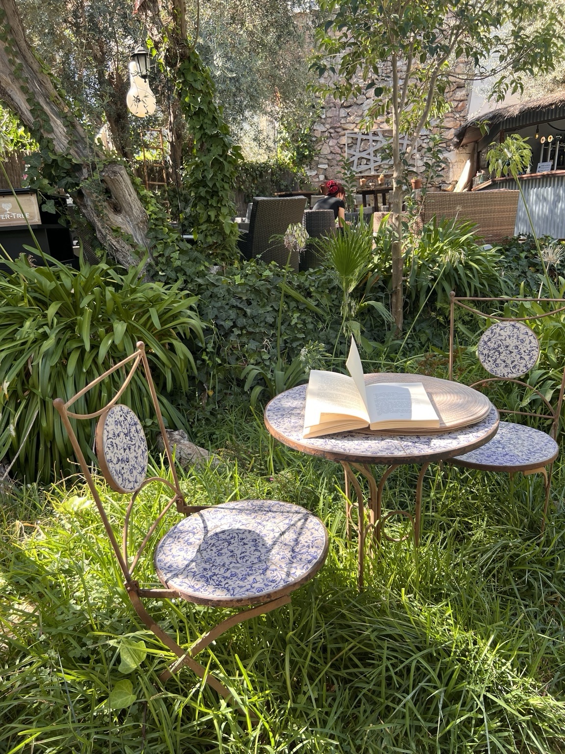 Ein offenes Buch auf einem kleinen Tisch in einem grünen Garten.